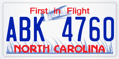 NC license plate ABK4760