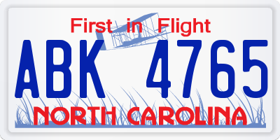 NC license plate ABK4765