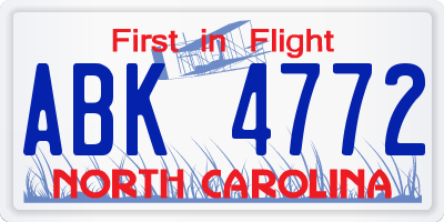 NC license plate ABK4772