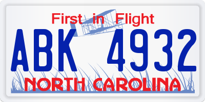 NC license plate ABK4932