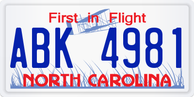 NC license plate ABK4981