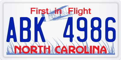 NC license plate ABK4986
