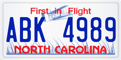 NC license plate ABK4989