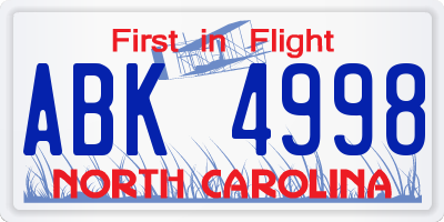 NC license plate ABK4998
