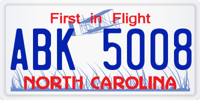 NC license plate ABK5008