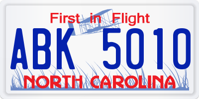 NC license plate ABK5010