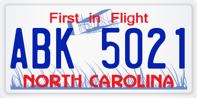 NC license plate ABK5021