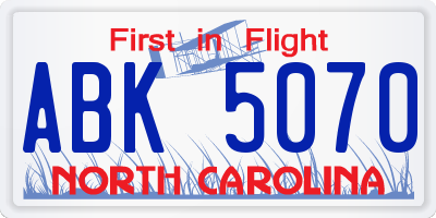 NC license plate ABK5070