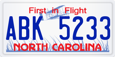 NC license plate ABK5233