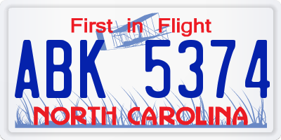 NC license plate ABK5374