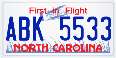 NC license plate ABK5533