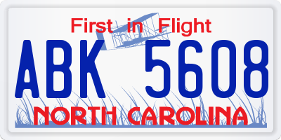 NC license plate ABK5608