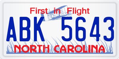 NC license plate ABK5643