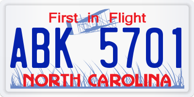 NC license plate ABK5701