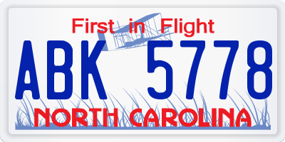 NC license plate ABK5778