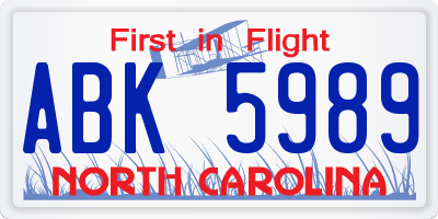 NC license plate ABK5989