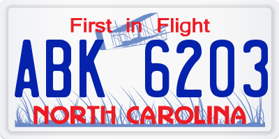 NC license plate ABK6203