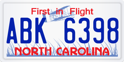NC license plate ABK6398