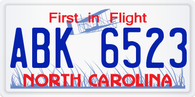 NC license plate ABK6523