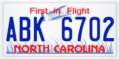 NC license plate ABK6702