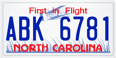 NC license plate ABK6781