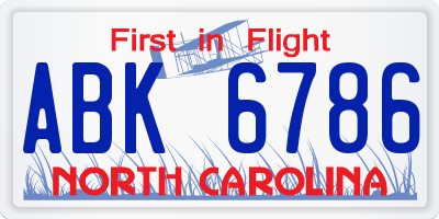 NC license plate ABK6786