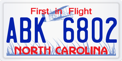 NC license plate ABK6802