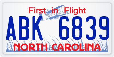 NC license plate ABK6839