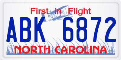 NC license plate ABK6872