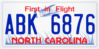 NC license plate ABK6876