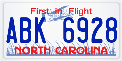 NC license plate ABK6928