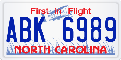 NC license plate ABK6989