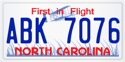 NC license plate ABK7076