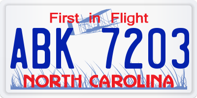 NC license plate ABK7203