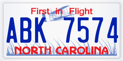 NC license plate ABK7574