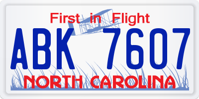 NC license plate ABK7607