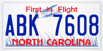 NC license plate ABK7608