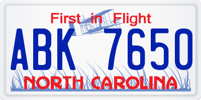 NC license plate ABK7650