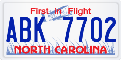 NC license plate ABK7702