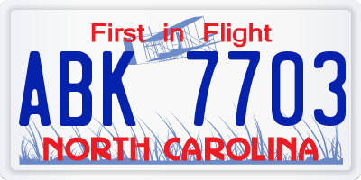 NC license plate ABK7703