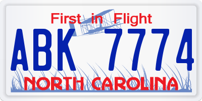 NC license plate ABK7774