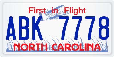 NC license plate ABK7778