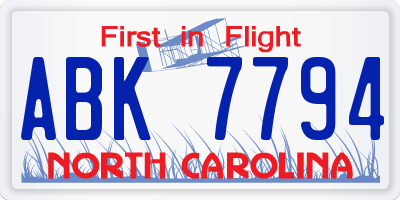 NC license plate ABK7794