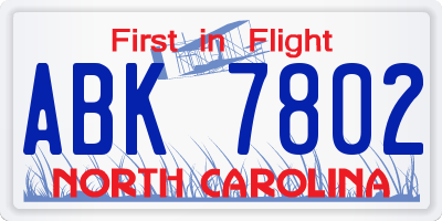 NC license plate ABK7802