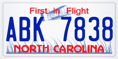 NC license plate ABK7838