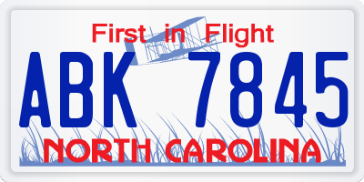NC license plate ABK7845