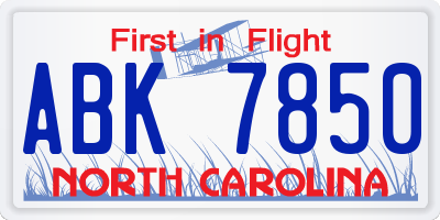 NC license plate ABK7850