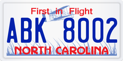 NC license plate ABK8002