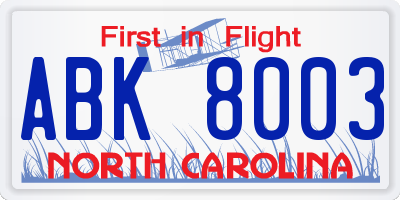 NC license plate ABK8003