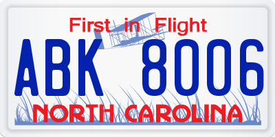 NC license plate ABK8006